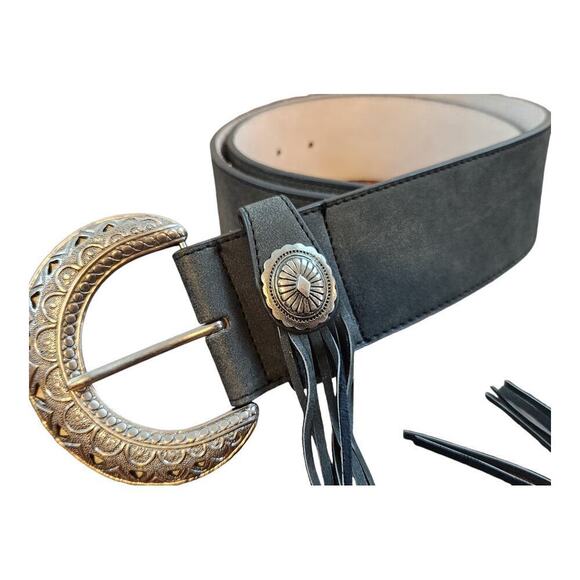 Leather belt fringe with silver color accents sz large Wide western boho black - Picture 8 of 16